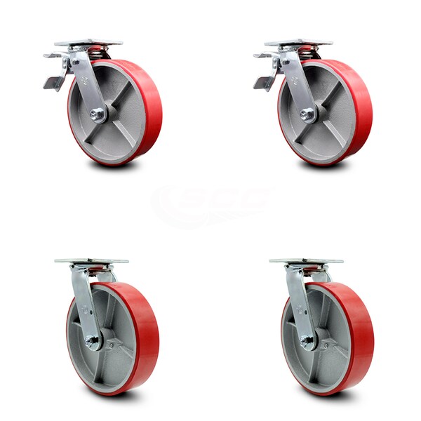 8 Inch Red Poly on Steel Caster Set with Roller Bearing 2 Total Lock Brake SCC